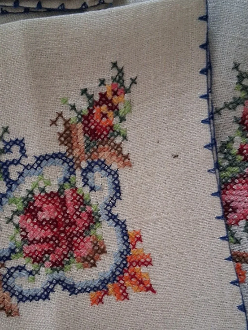 Vintage Cross-stiched Floral Table Linen Set - Cream with Pink & Green Accents